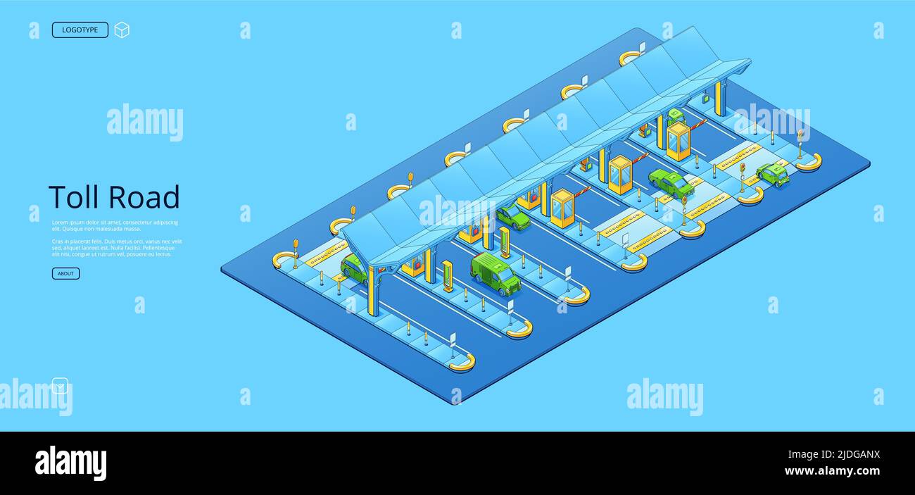 Toll road banner with isometric illustration of cars highway with checkpoint booths, barrier gates. Vector poster of traffic control system with payment to pass transport to motorway Stock Vector