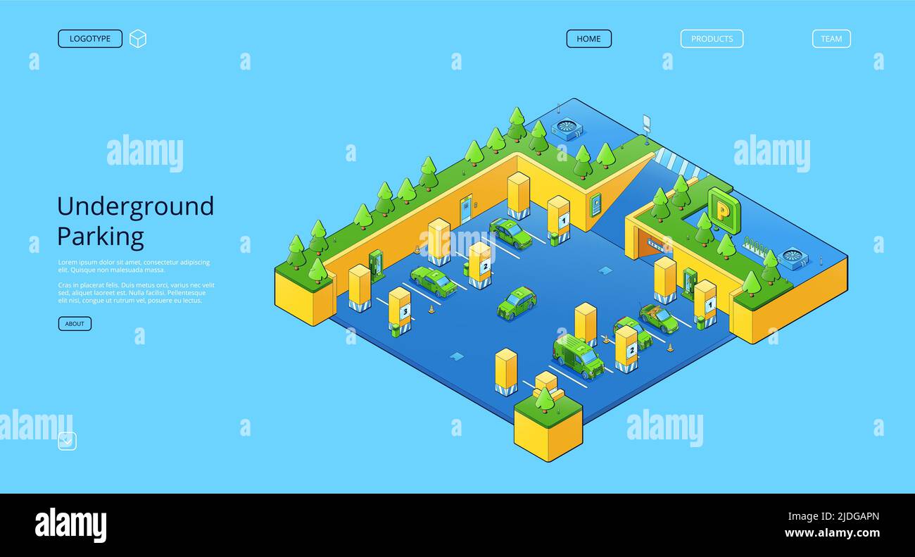 Underground parking banner with isometric basement garage with cars