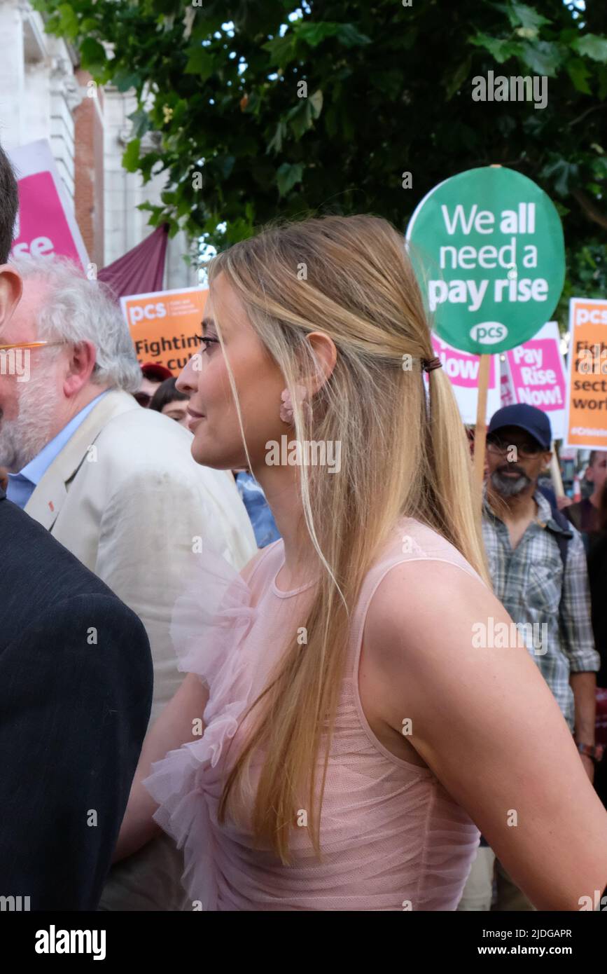 London, UK, 20th June, 2022. Actress Holly Valance arrives the Conservatives' summer party fundraiser. Culture sector workers from the Public and Commercial Services (PCS) union staged a pay protest outside the Victoria and Albert Museum, where the event was due to take place.  Museum workers were offered a 2% pay increase, though the Bank of England has predicted inflation will run at 11% by October. The ticketed annual event was attended by Cabinet ministers, MPs and Conservative Party donors. Credit: Eleventh Hour Photography/Alamy Live News Stock Photo