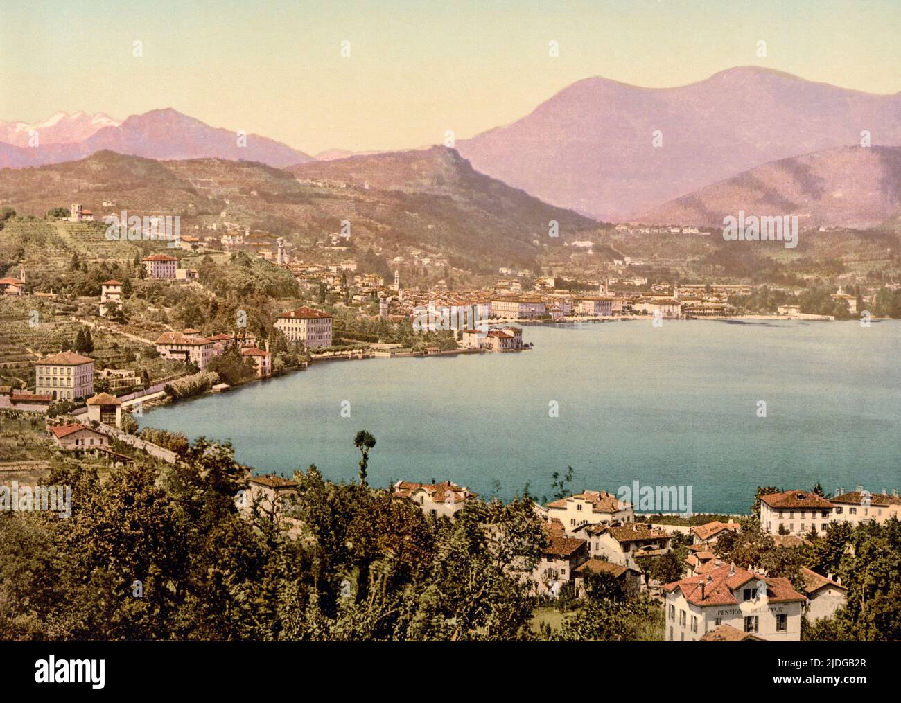 View of Lugano from Monte San Salvatore, Ticino, Switzerland 1890. Stock Photo