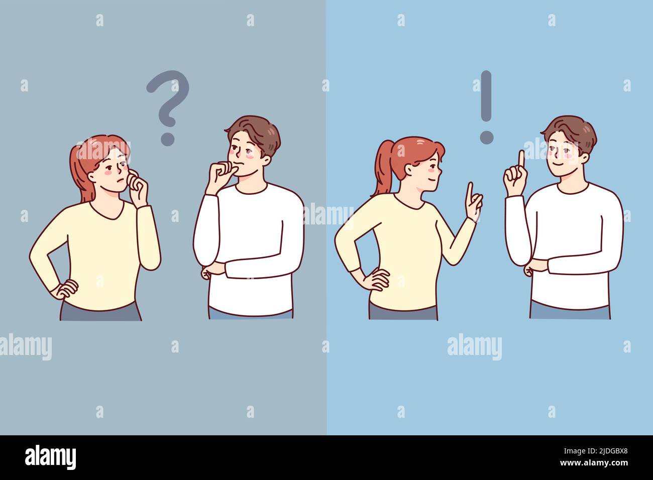 Couple feeling confused thinking of problem solution. Pensive man and woman consider solving issue and finding answer. Teamwork concept. Vector illustration.  Stock Vector