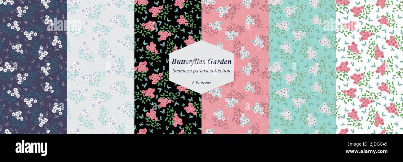 Set of Cute butterflies garden vector seamless patterns for fashion fabric,textile, packaging,scrapbooking,wallpapers. 6 pattern in one eps file Stock Vector