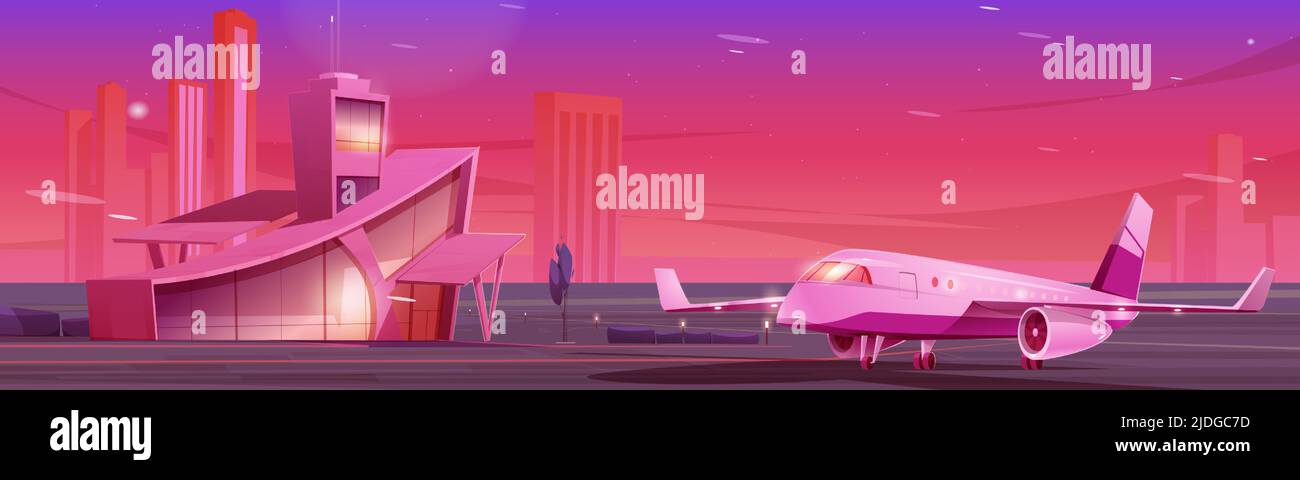 Airport terminal building with dispatcher tower and airplane waiting to flight on runaway. Modern metropolis aerodrome or transport hub infrastructure and air transport, Cartoon vector illustration Stock Vector