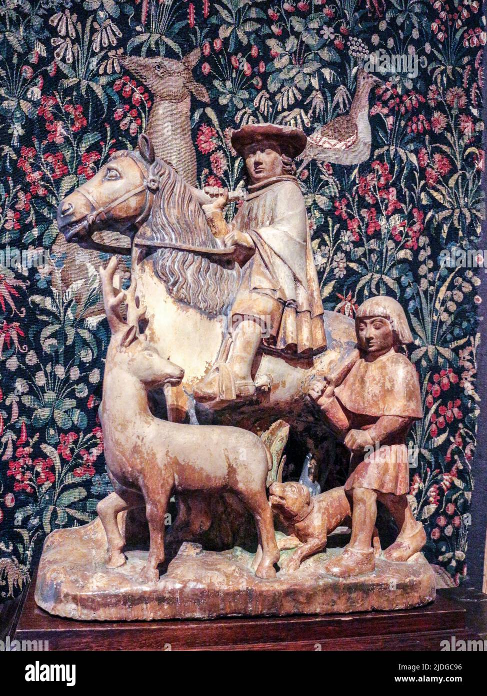 Musée de la Chasse et de la Nature,Paris : Le Miracle de Saint Hubert,polychromic stone Ca 1500 (Troyes) Stock Photo