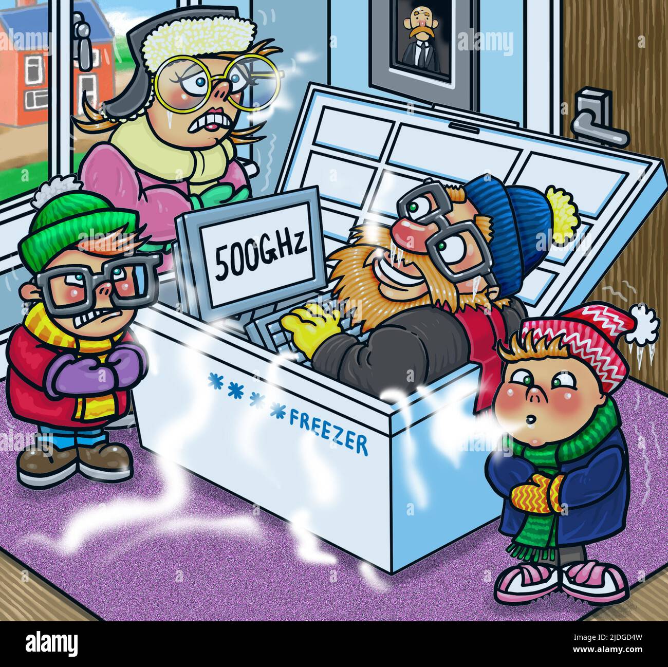 Funny cartoon art, man in freezer keeping his 500 GHz computer cool. High speed gaming/ work computers can get hot, impacting CPU/computer performance Stock Photo
