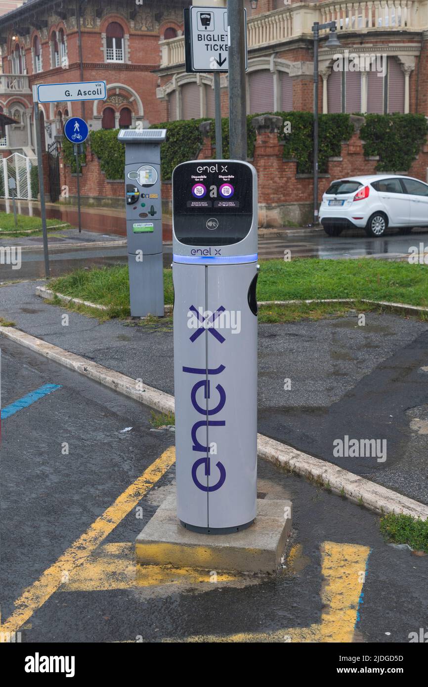 Marina di Massa, Italy - June 21, 2022 - Enel X charging station for electric cars Stock Photo
