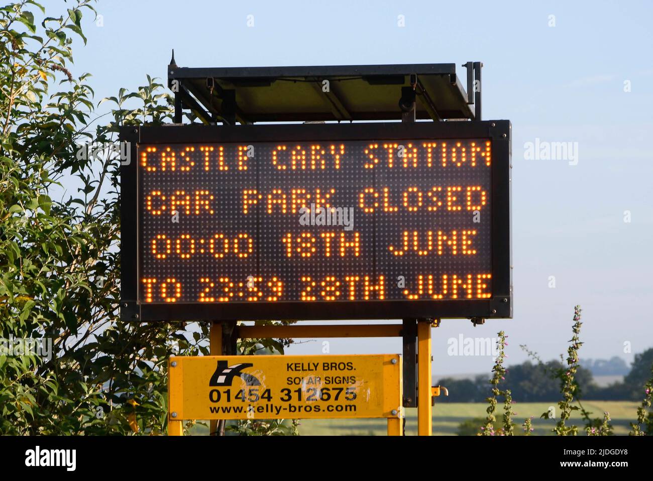 Castle Cary, Somerset, UK.  21st June 2022.  Electronic information sign at Castle Cary Station in Somerset which is getting ready for the influx of crowds going to Glastonbury Festival on the first day of the RMT rail strike.  The first train in today with festivalgoers is expected around midday.  Picture Credit: Graham Hunt/Alamy Live News Stock Photo