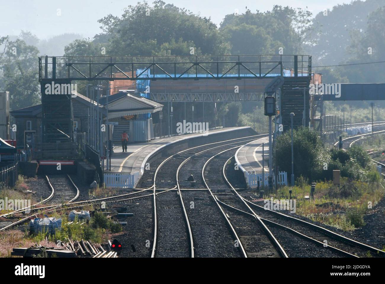Castle Cary, Somerset, UK.  21st June 2022.  General view of Castle Cary Station in Somerset which is getting ready for the influx of crowds going to Glastonbury Festival on the first day of the RMT rail strike.  The first train in today with festivalgoers is expected around midday.  Picture Credit: Graham Hunt/Alamy Live News Stock Photo