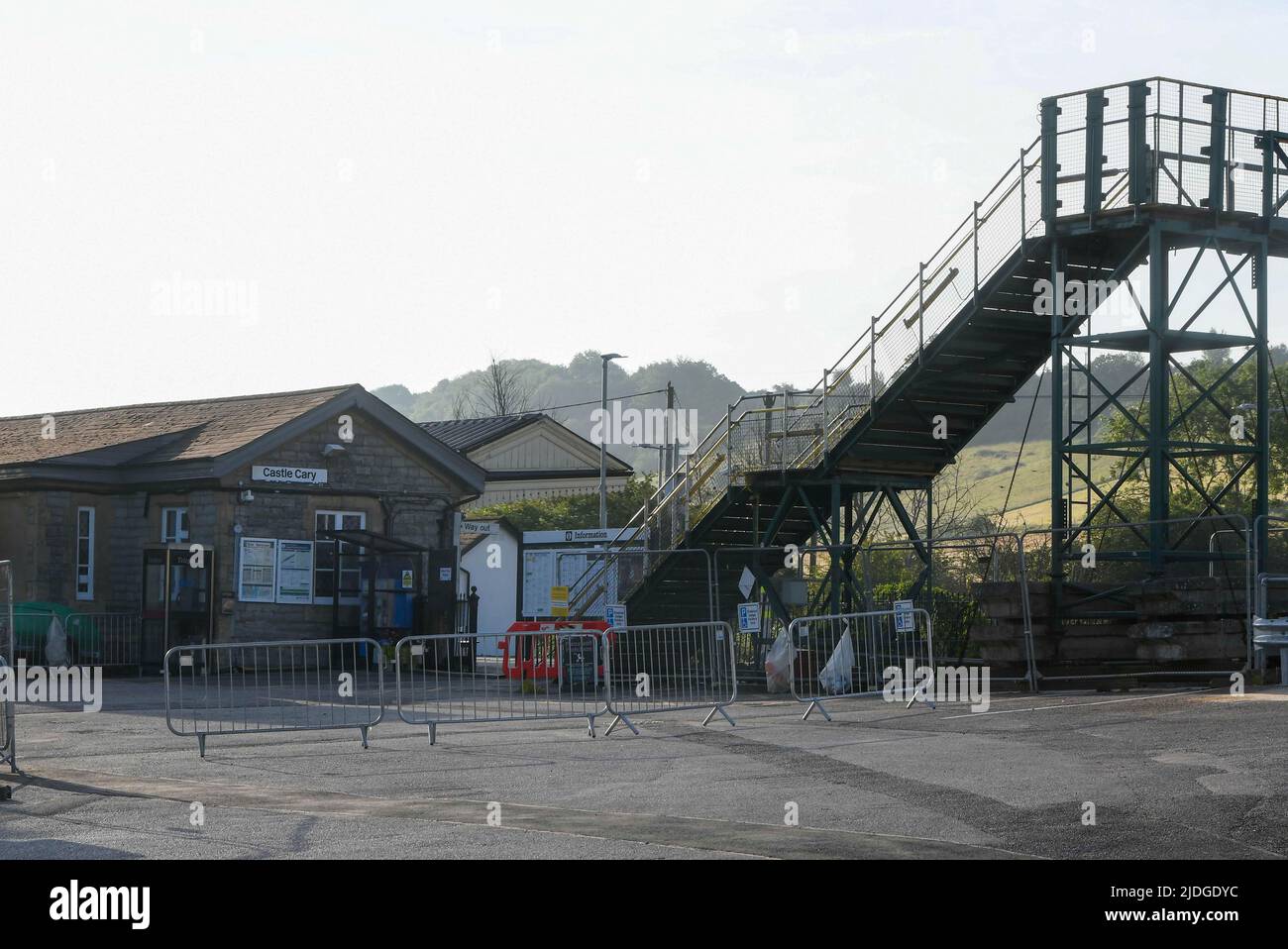 Castle Cary, Somerset, UK.  21st June 2022.  General view of Castle Cary Station in Somerset which is getting ready for the influx of crowds going to Glastonbury Festival on the first day of the RMT rail strike.  The first train in today with festivalgoers is expected around midday.  Picture Credit: Graham Hunt/Alamy Live News Stock Photo