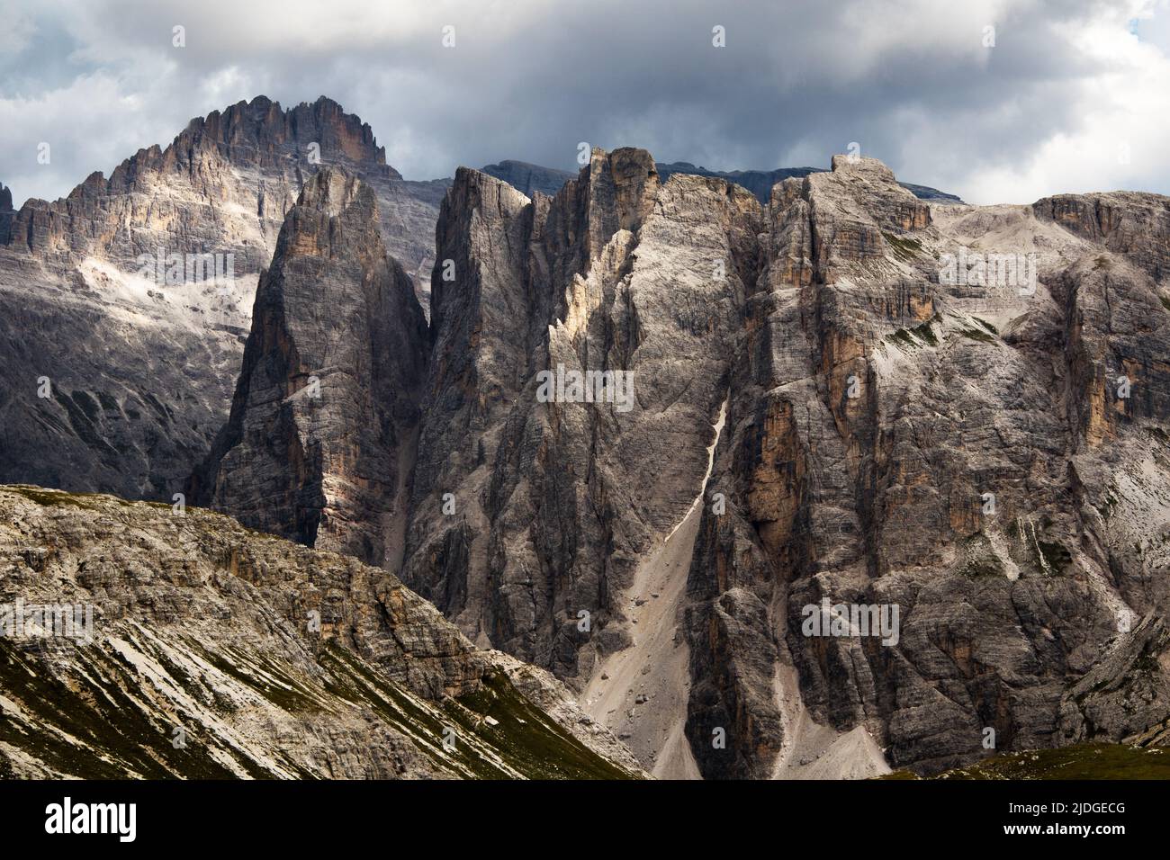 Sunlight on mountainous walls of Crode Fiscaline peaks. The Sexten Dolomites. Italian Alps. Europe. Stock Photo