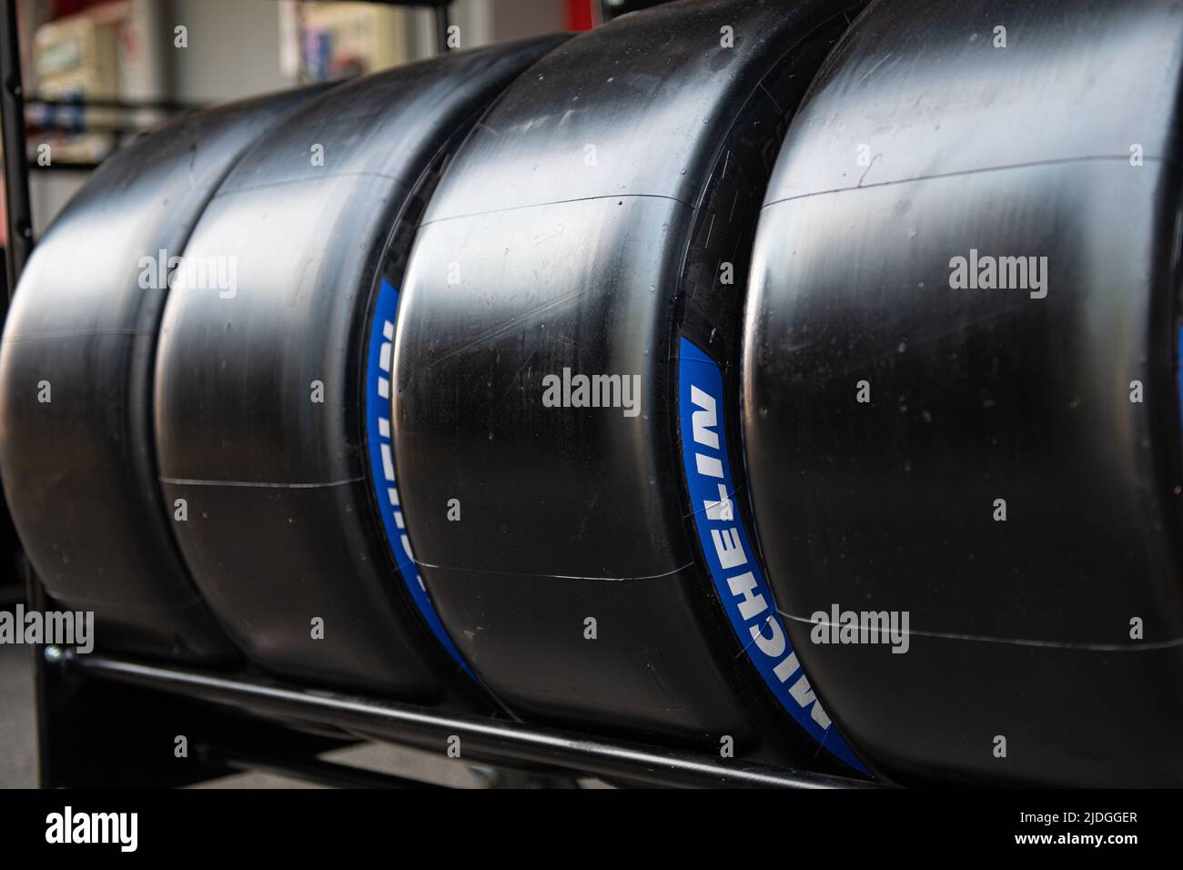 Set of Michelin slick racing tires aligned close up. Imola, Italy, june 17 2022. DTM Stock Photo