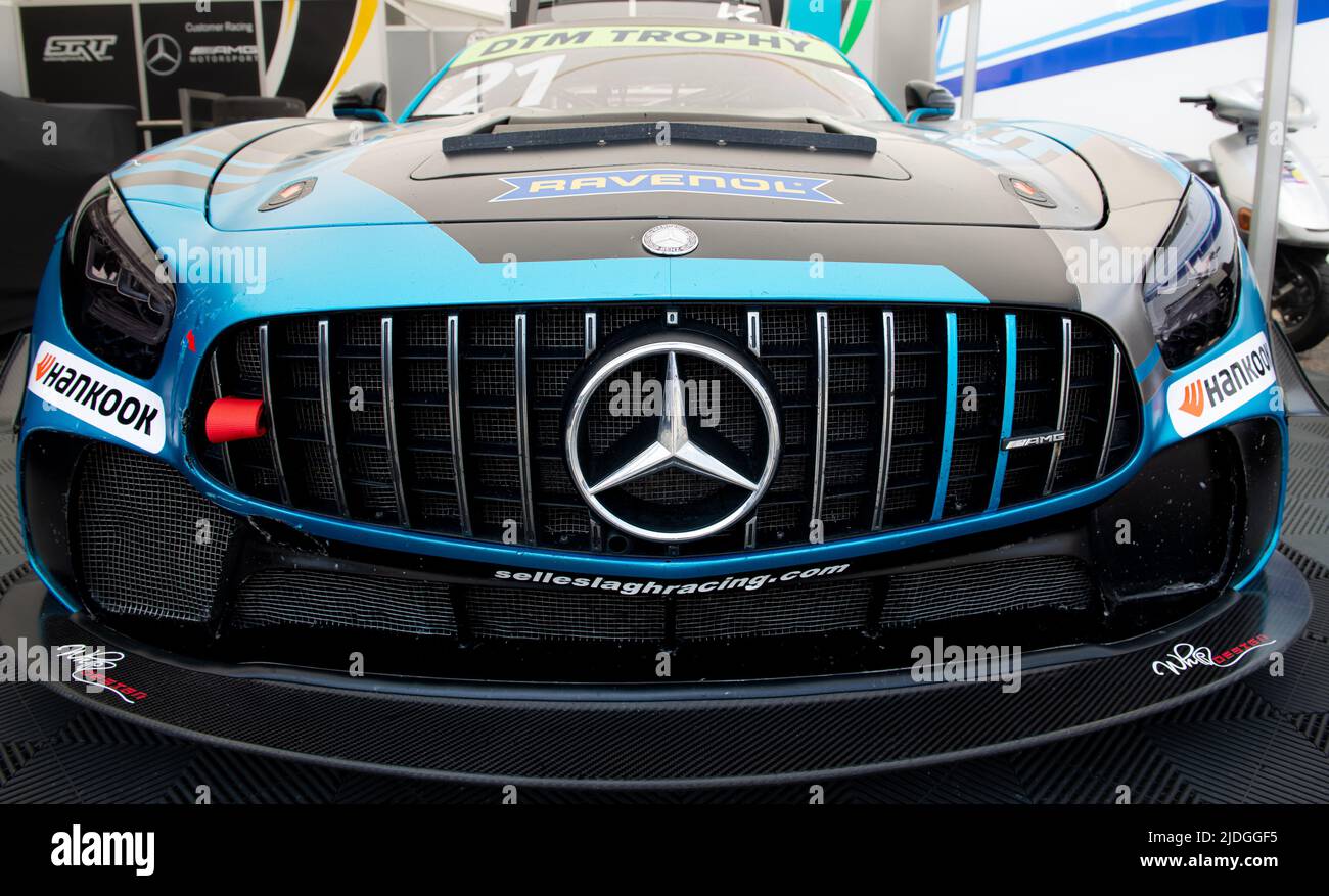 Mercedes AMG GT racing blue super car logo detail front view. Imola, Italy, june 17 2022. DTM Stock Photo
