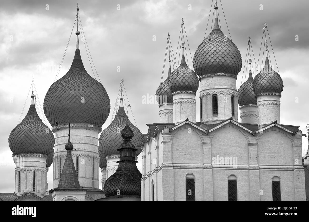 The Kremlin of Rostov the Great. Domes of the Church of the Resurrection and the Assumption Cathedral, Russian architecture of the XVI-XVII centuries. Stock Photo