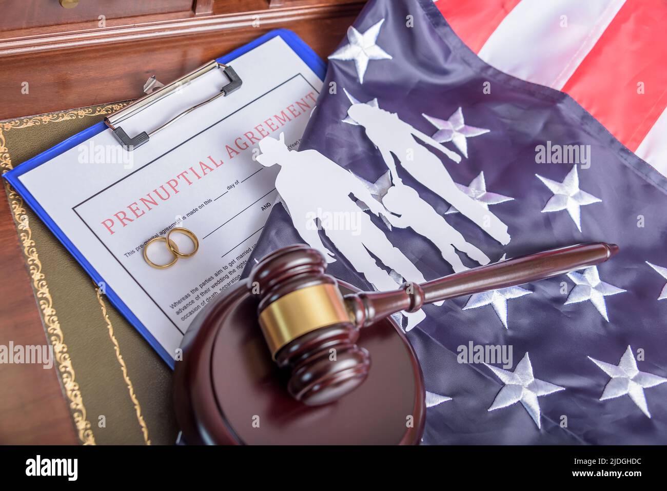 Lawyer desk silhouettes on white with united states flag. Stock Photo