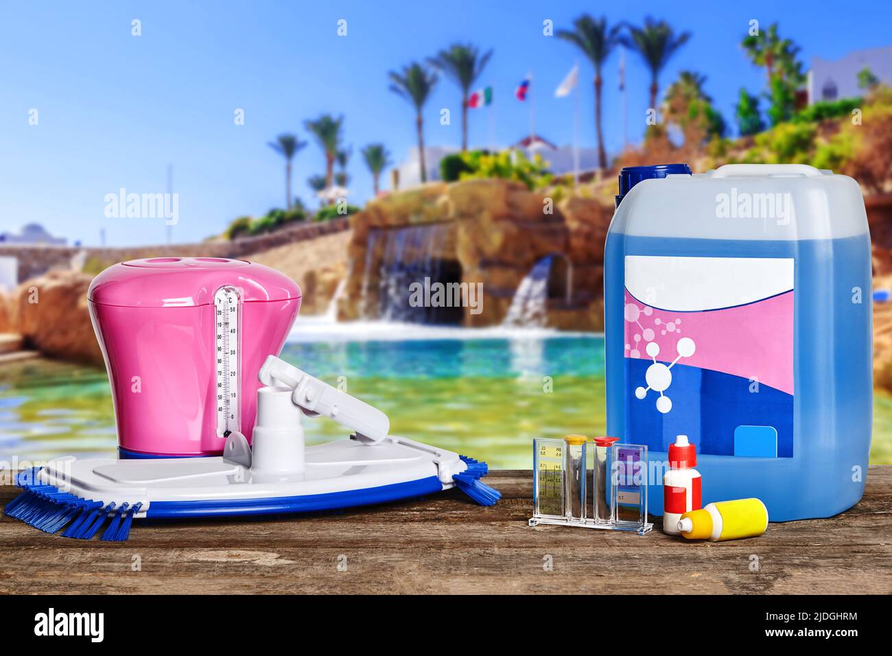 Equipment with chemical cleaning products and tools for the maintenance of the swimming pool