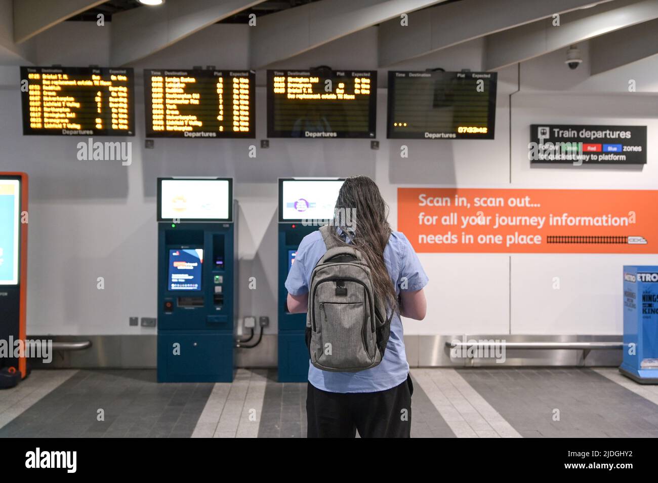 New Street, Birmingham, England, June 21st 2022. An eerily almost empty Birmingham New Street Station as rail workers strike for a 7 percent wage increase across the British networks after RMT Unions failed to reach an agreement. There was a reduced service on the boards. Pic by Credit: Stop Press Media/Alamy Live News Stock Photo