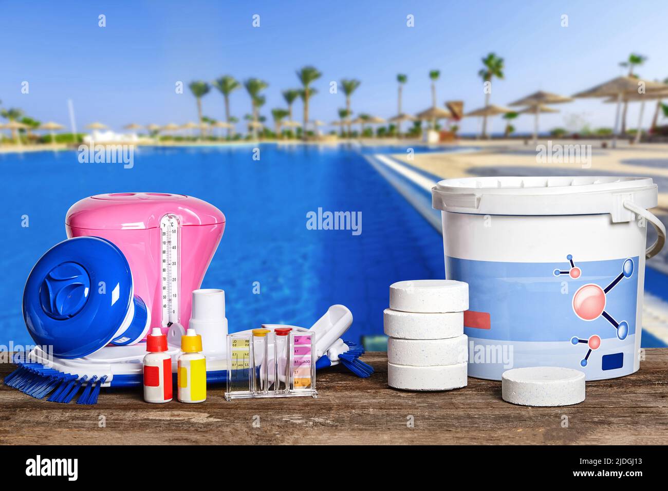 Equipment with chemical cleaning products and tools for the maintenance of the swimming pool