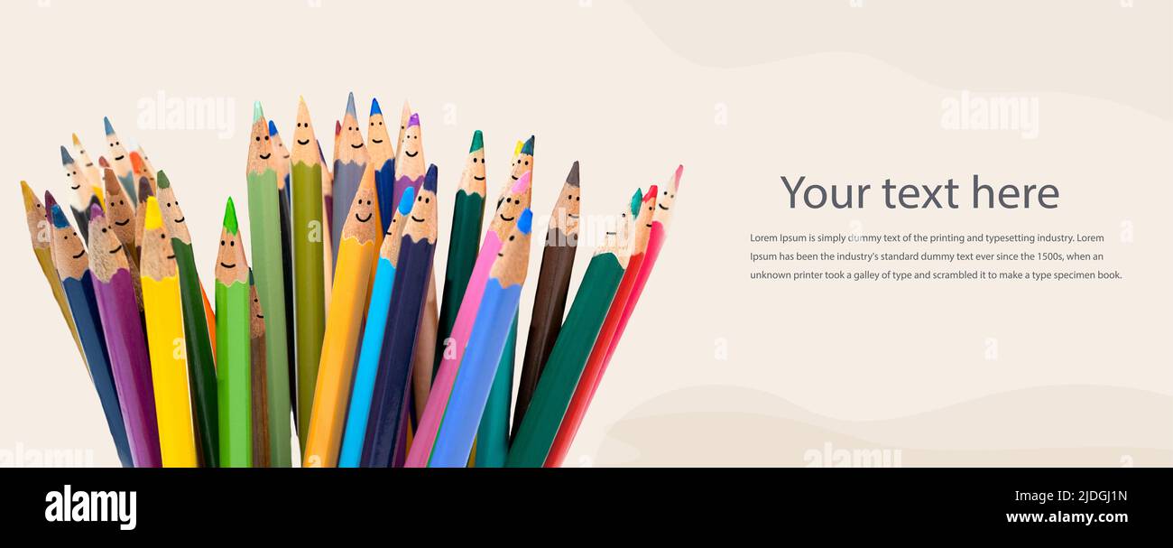 Diversity inclusion and equality concept. Group of smiling pencils representing men and women of different culture. Multicultural people concept. Team Stock Photo