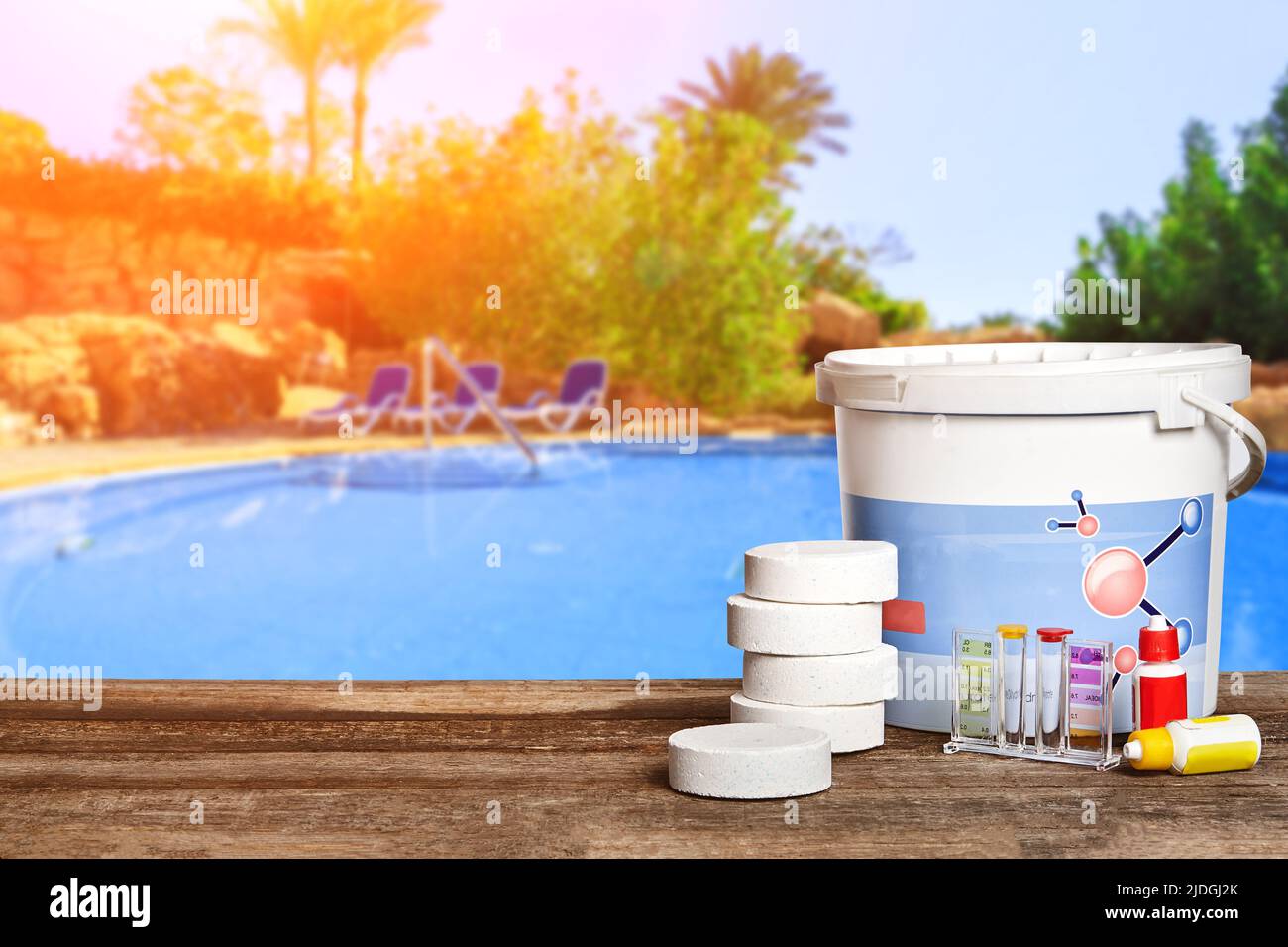 Equipment with chemical cleaning products and tools for the maintenance of the swimming pool