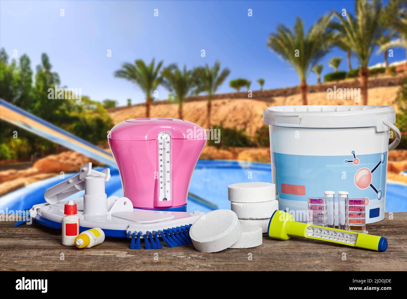 Equipment with chemical cleaning products and tools for the maintenance of the swimming pool