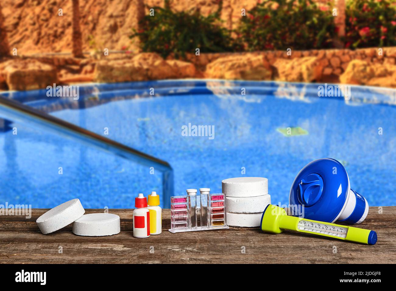 Equipment with chemical cleaning products and tools for the maintenance of the swimming pool