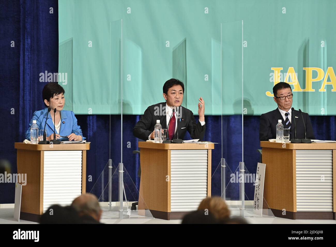 Tokyo, Japan. 21st June, 2022. (L to R) Social Democratic Party leader Mizuho Fukushima, Representative of the Democratic Party for the People Yuichiro Tamaki, Representative of Nippon Ishin no Kai Ichiro Matsui attend the party leaders debate ahead of the Upper House election on June 21, 2022 in Tokyo, Japan, as official campaigning period should begins the day after the debat for the House of Councillors election set for July 10. (Credit Image: © POOL via ZUMA Press Wire) Stock Photo