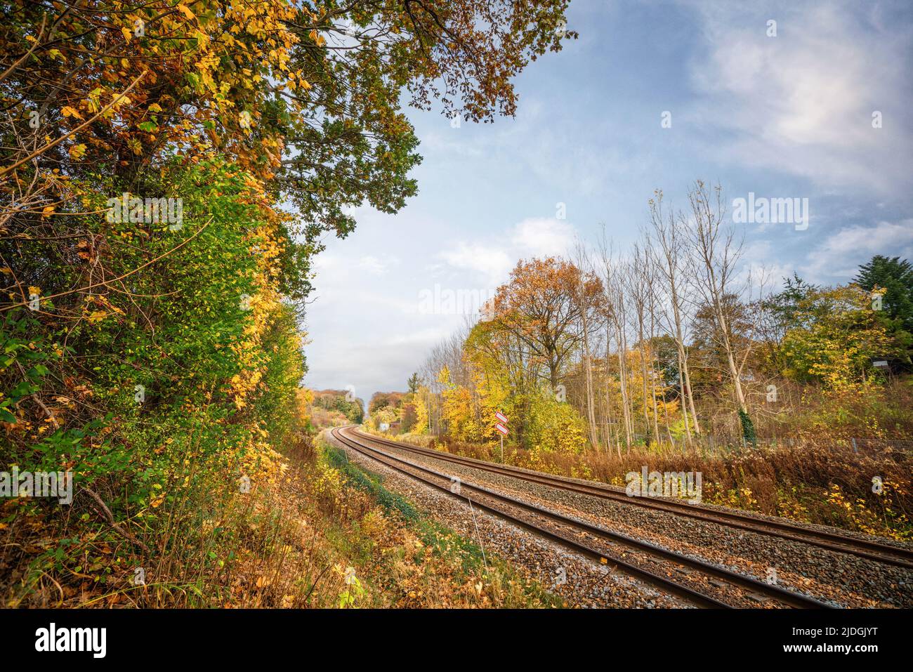 Railroad going through an autumn colored landscape with colorful trees in the fall Stock Photo