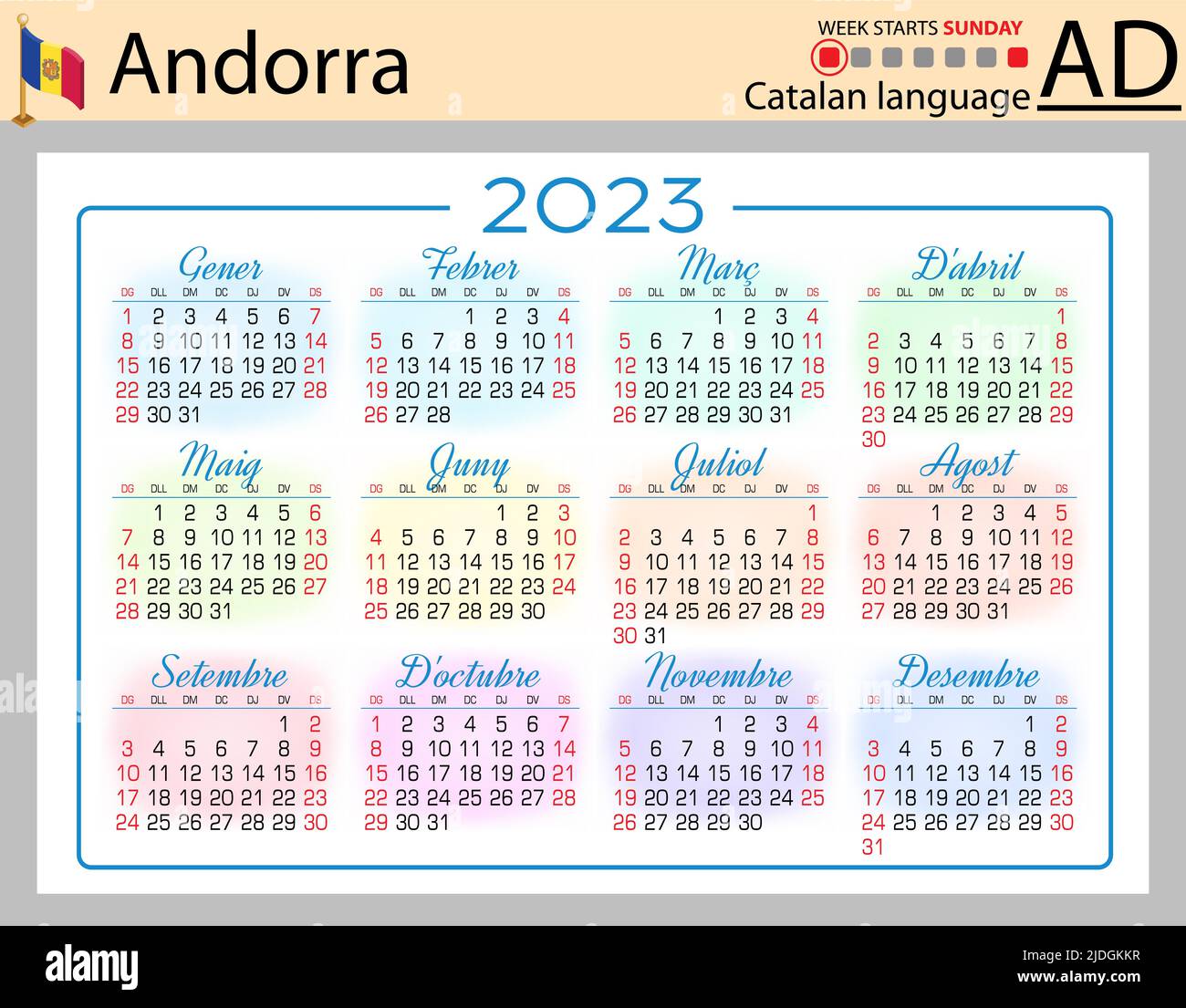 Catalan horizontal pocket calendar for 2023 (two thousand twenty three). Week starts Sunday. New 