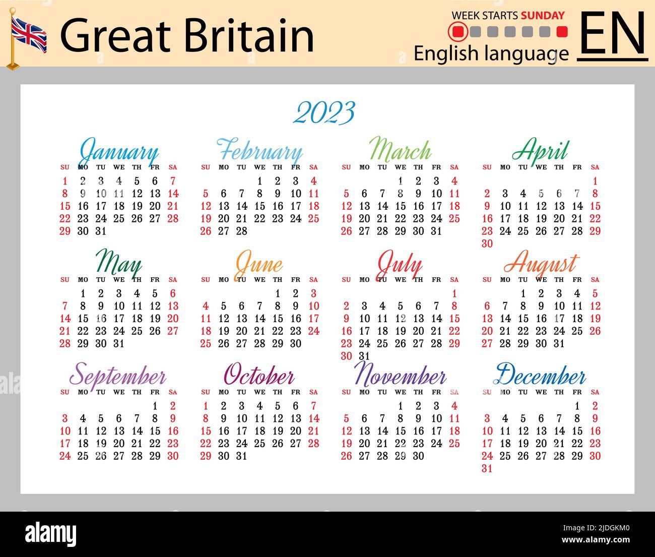 English horizontal pocket calendar for 2023 (two thousand twenty three
