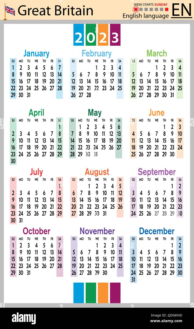 English Vertical Pocket Calendar For 2023 (Two Thousand Twenty Three). Week  Starts Sunday. New Year. Color Simple Design. Vector Stock Vector Image &  Art - Alamy