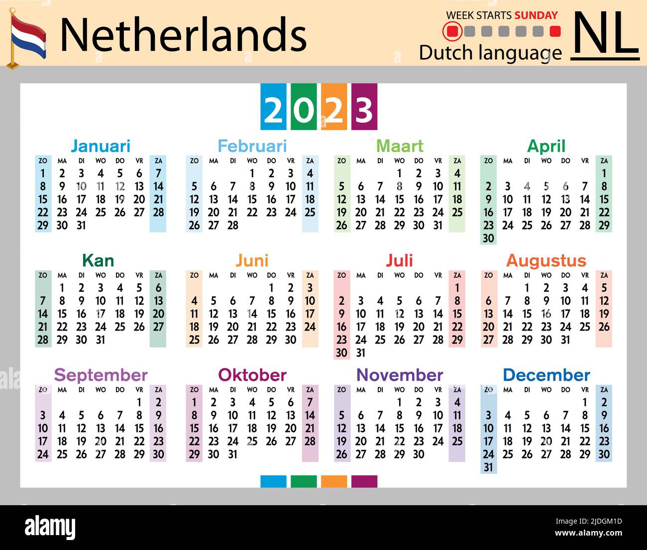 Dutch horizontal pocket calendar for 2023 (two thousand twenty three). Week  starts Monday. New year. Color simple design. Vector Stock Vector Image &  Art - Alamy