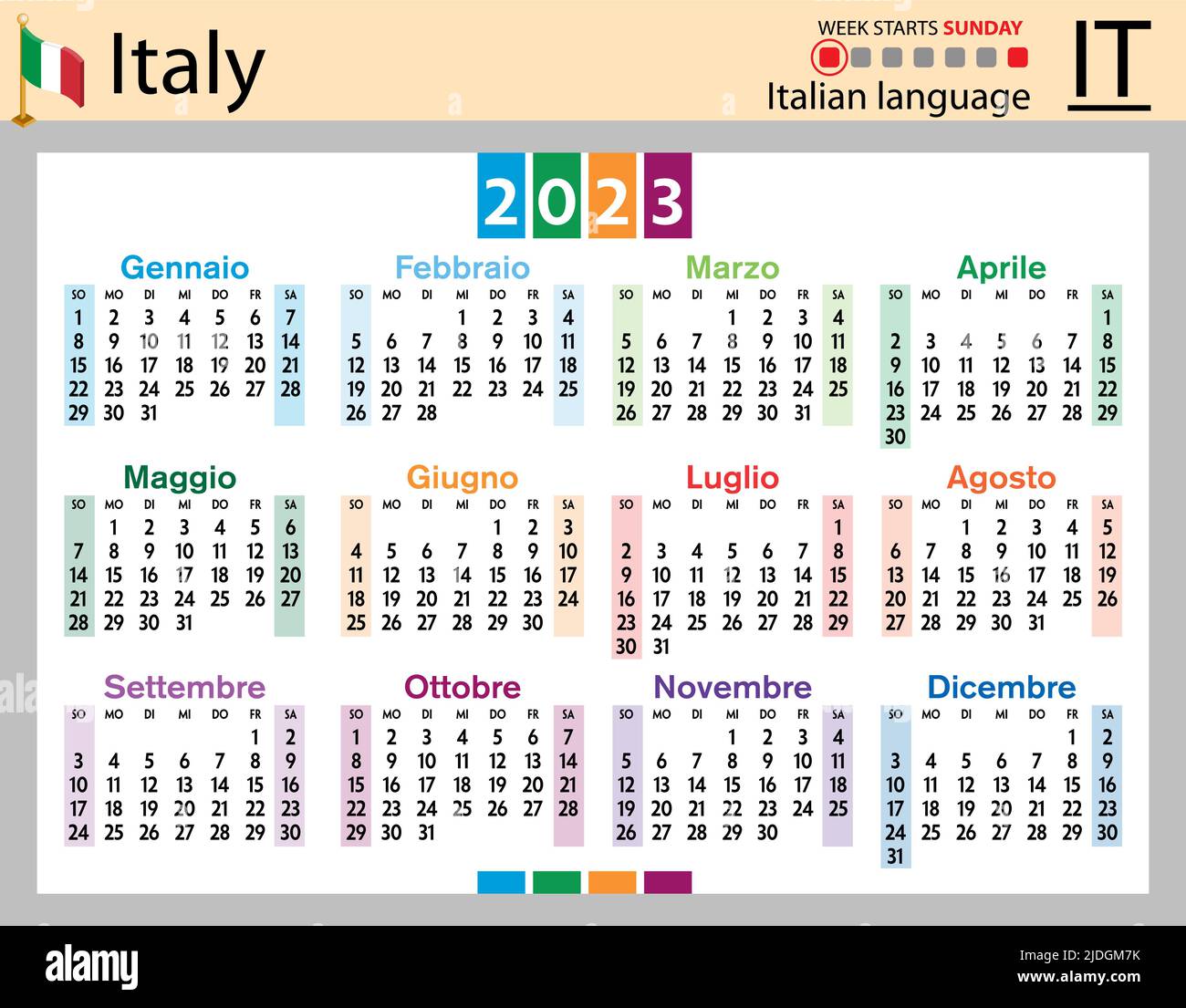 Italian horizontal pocket calendar for 2023 (two thousand twenty three