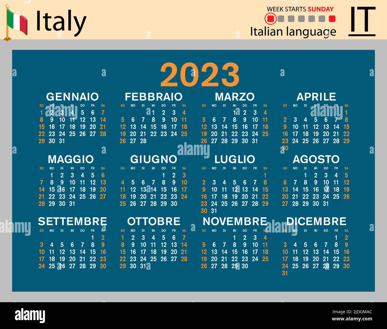 Italian horizontal pocket calendar for 2023 (two thousand twenty three ...