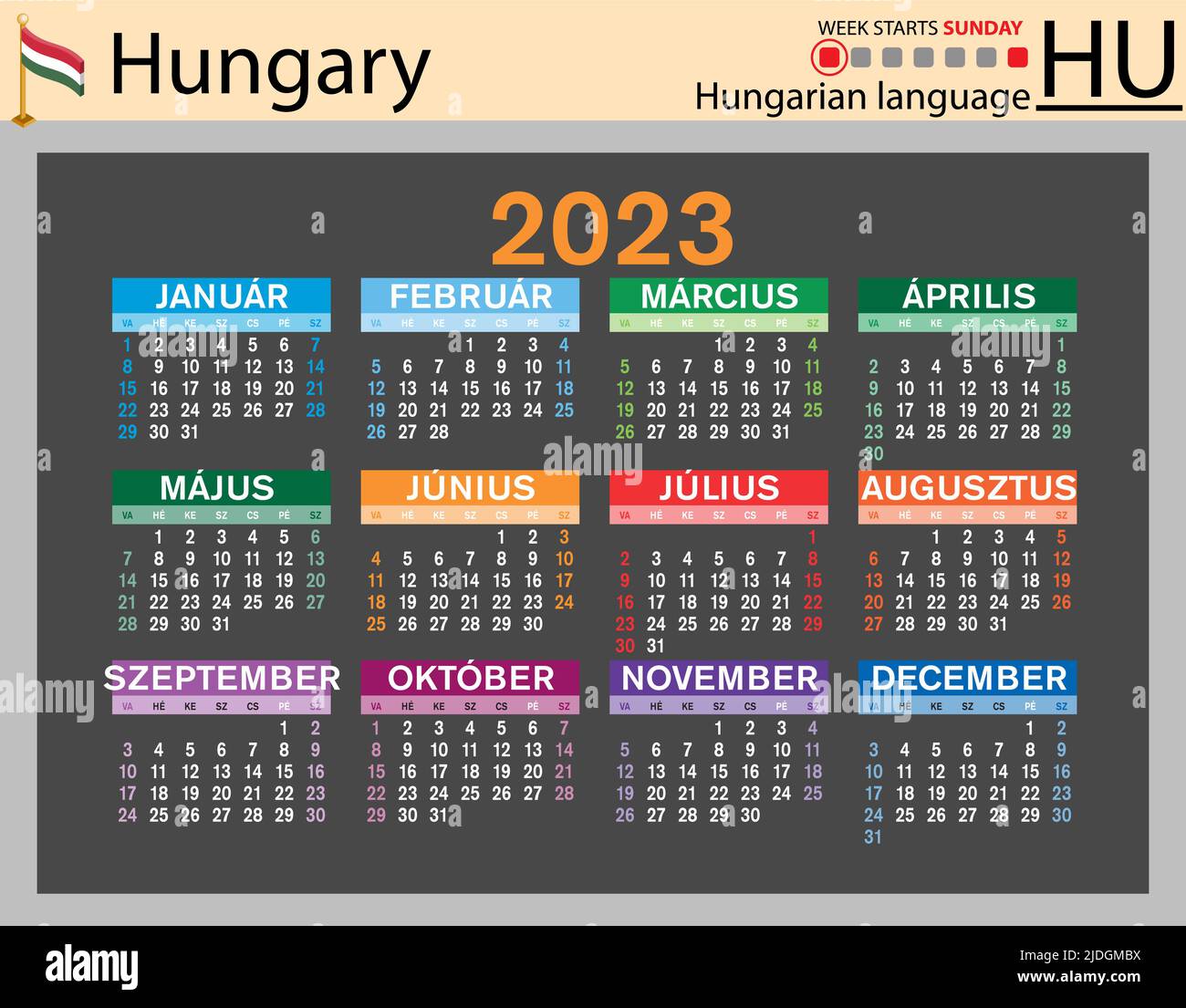 Hungarian Horizontal Pocket Calendar For 2023 (Two Thousand Twenty Three).  Week Starts Sunday. New Year. Color Simple Design. Vector Stock Vector  Image & Art - Alamy