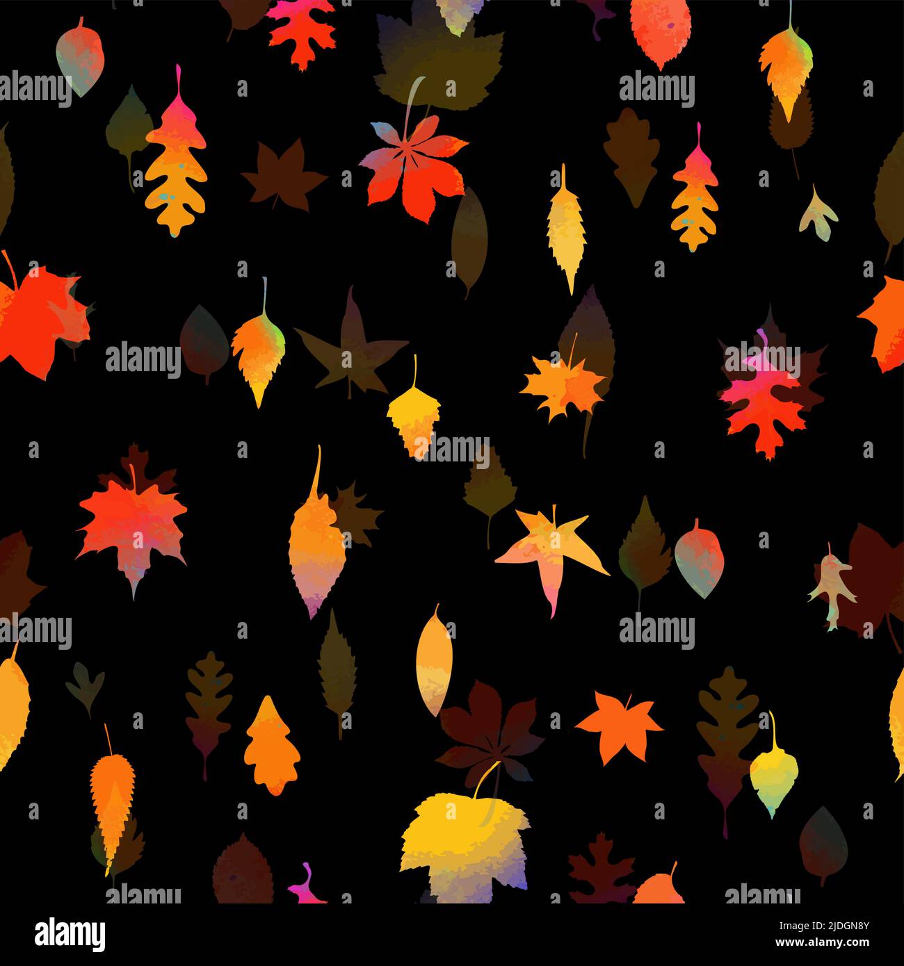 Seamless pattern falling autumn leaves on a black background. Vector illustration Stock Vector