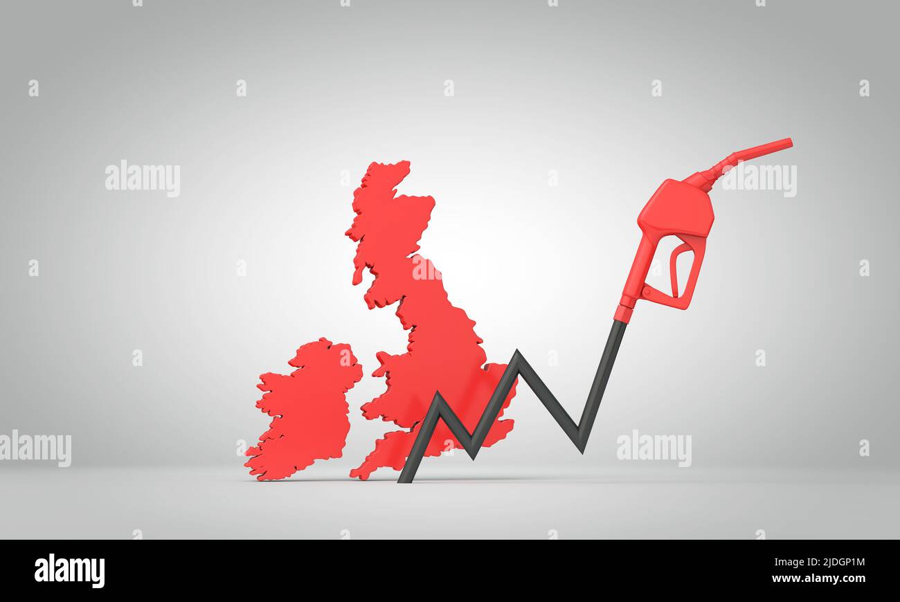 Fuel crisis in the UK. Petrol pump graph arrow with a map of the UK. 3D