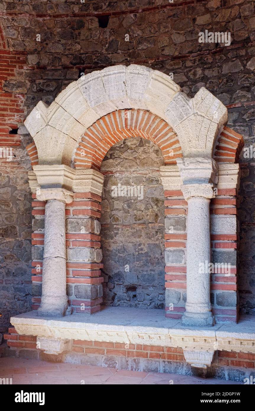 stone and marble archway, artifacts Gamzigrad archaeological dig, ancient Felix Romuliana built by Galerius Emperor of Roman Empire in Serbia, reconst Stock Photo