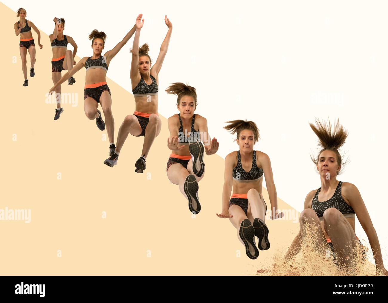 Poster, collage with professional female jumper in action, motion over