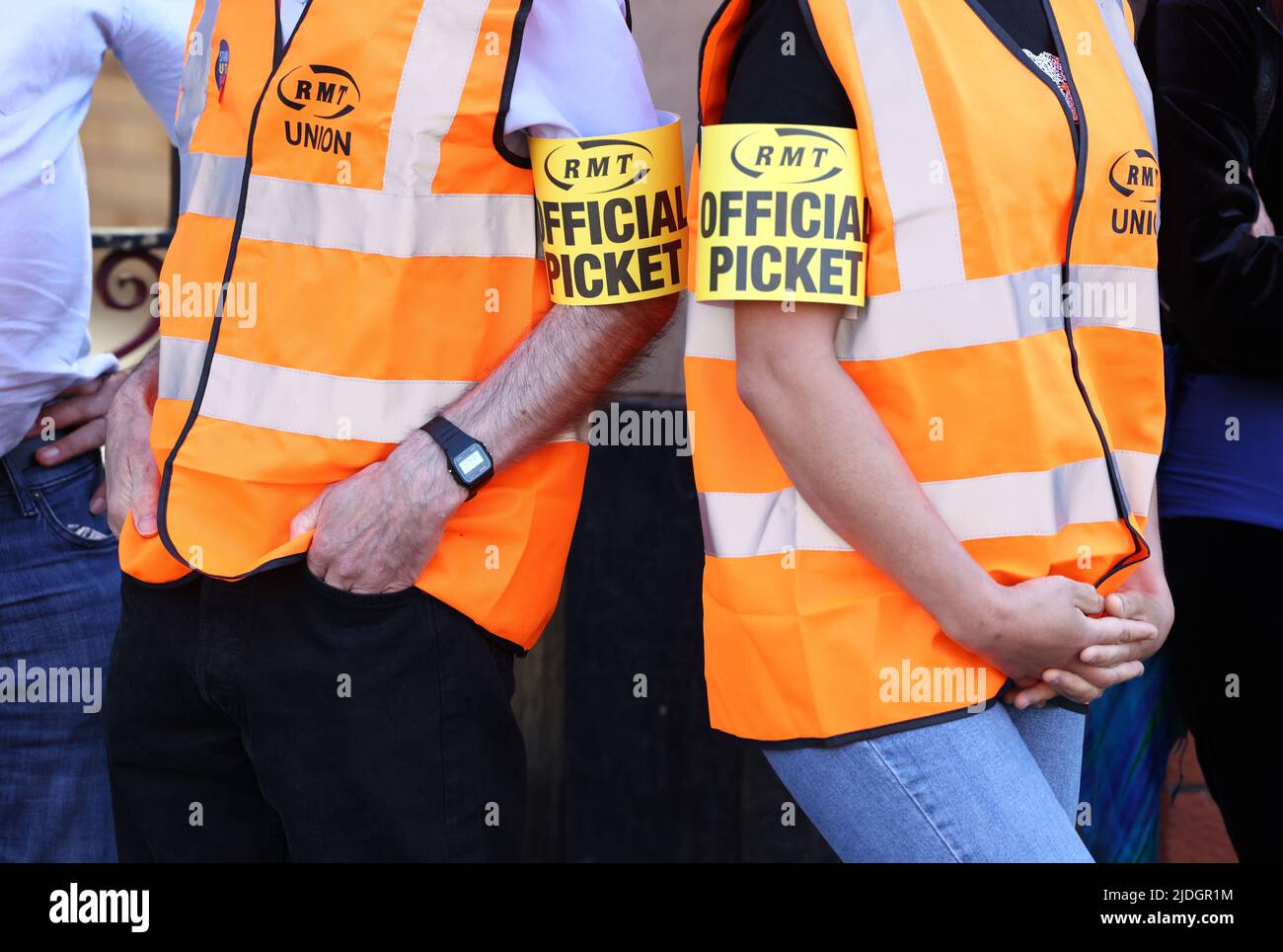 Leicester, Leicestershire, UK. 21st June 2022. Rail workers stand on a picket line as they stage the first of three national strikes. The RMT called the strikes over job cuts, pay and conditions. Credit Darren Staples/Alamy Live News. Stock Photo