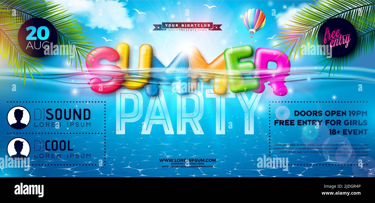 Summer Beach Party Banner Design with Colorful 3d Text in Water and ...