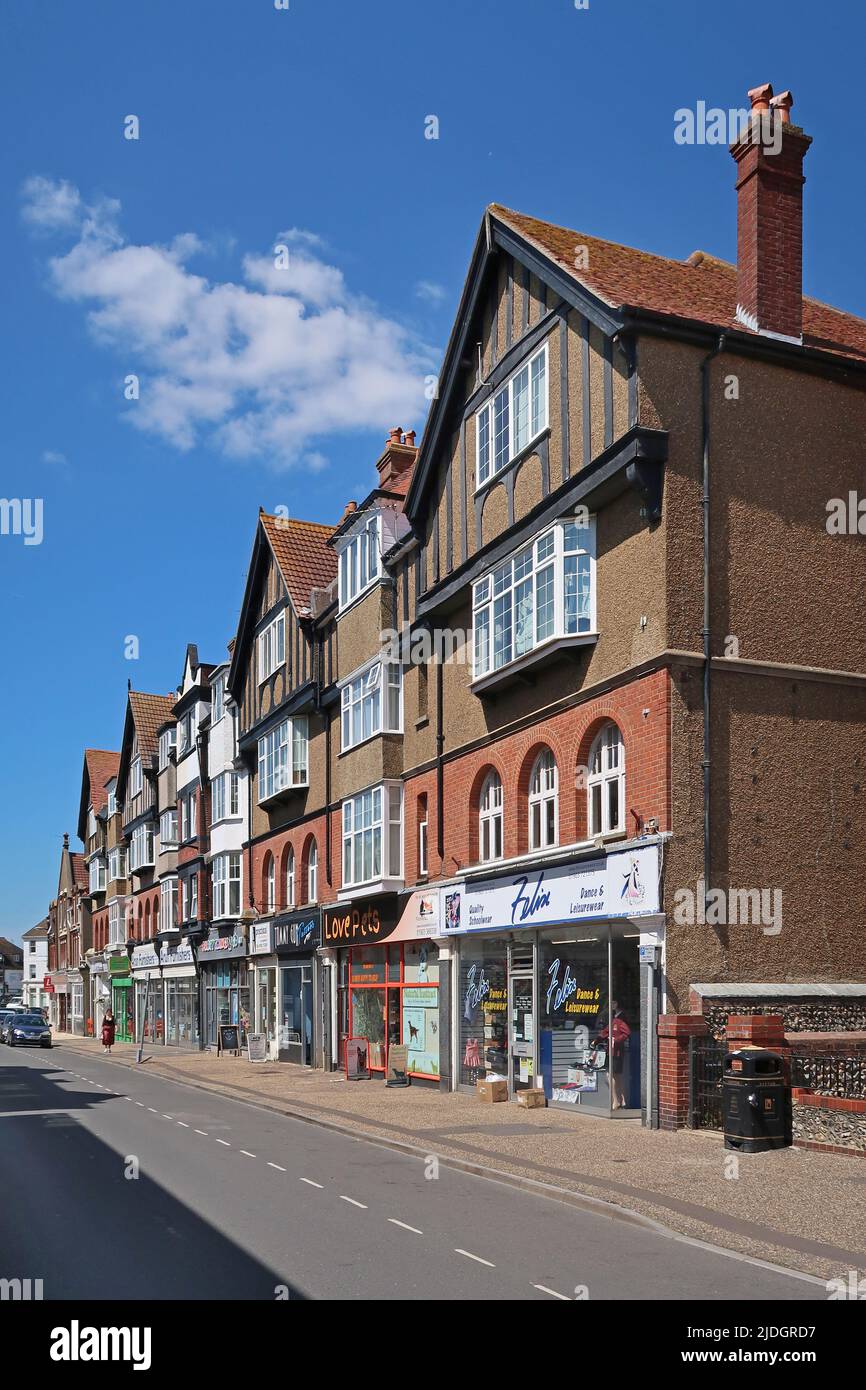Littlempton, West Sussex, UK. Town centre shops on Beach Road. Stock Photo