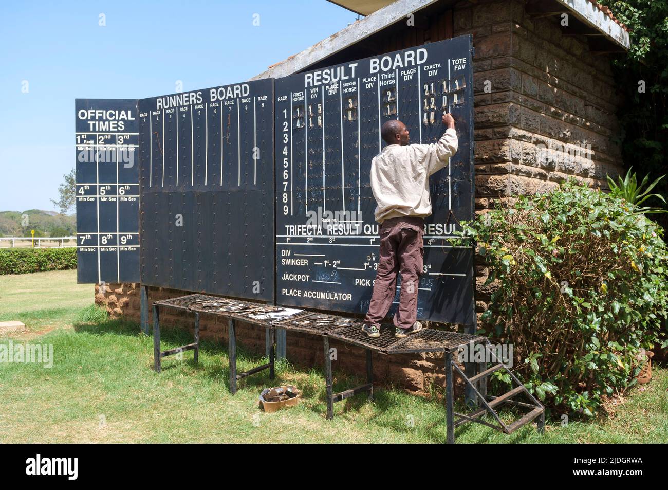 The result board at, Ngong Racecourse, Ngong Road, Nairobi, Kenya.  1 Mar 2015 Stock Photo