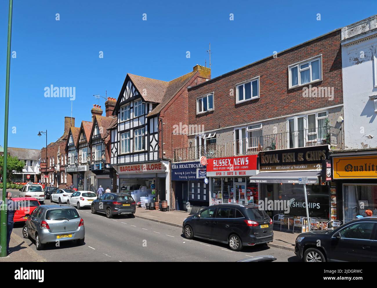 Littlempton, West Sussex, UK. Shops on the high street of this south-coast, seaside town. Stock Photo