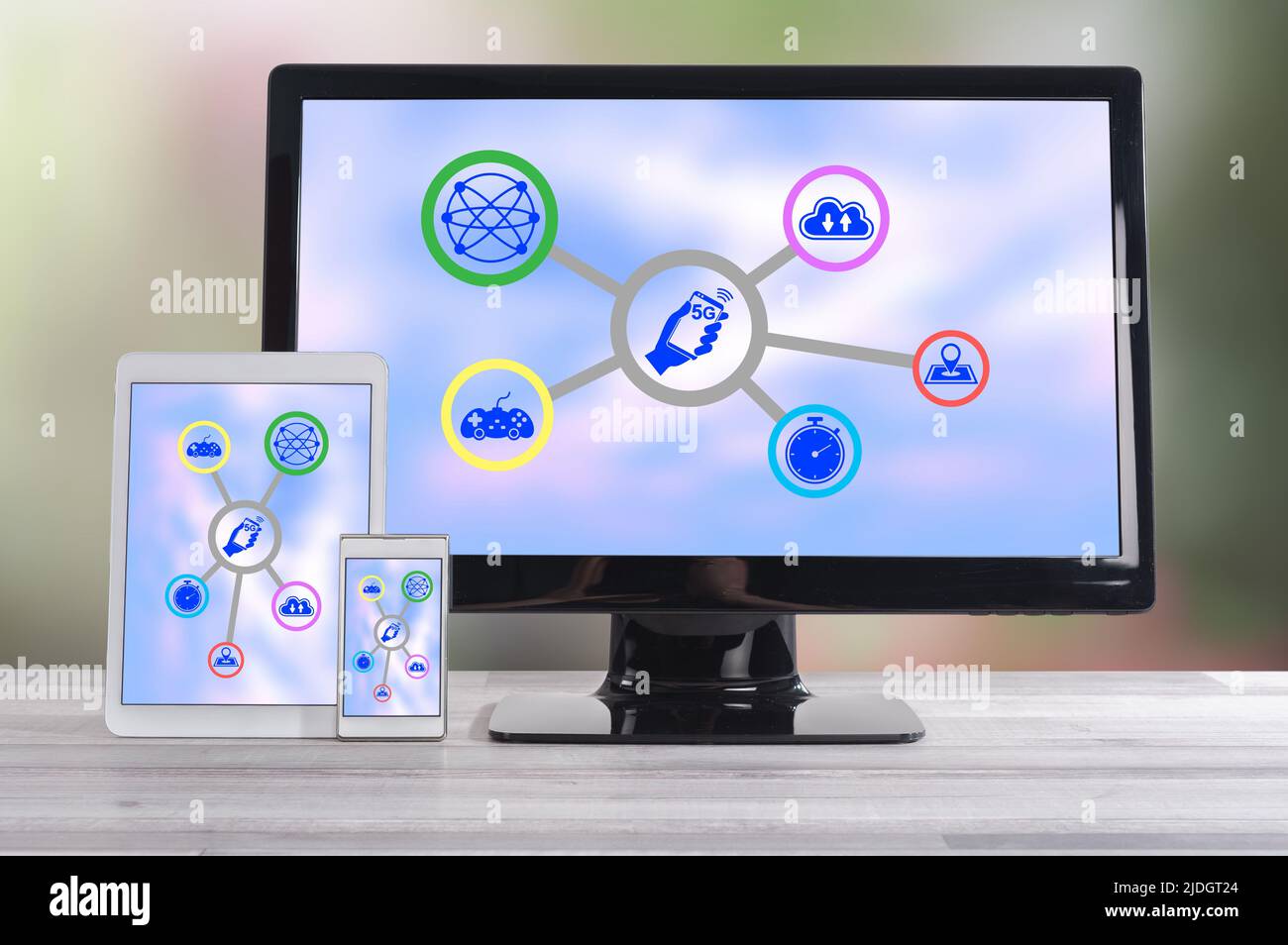 5g concept shown on different information technology devices Stock