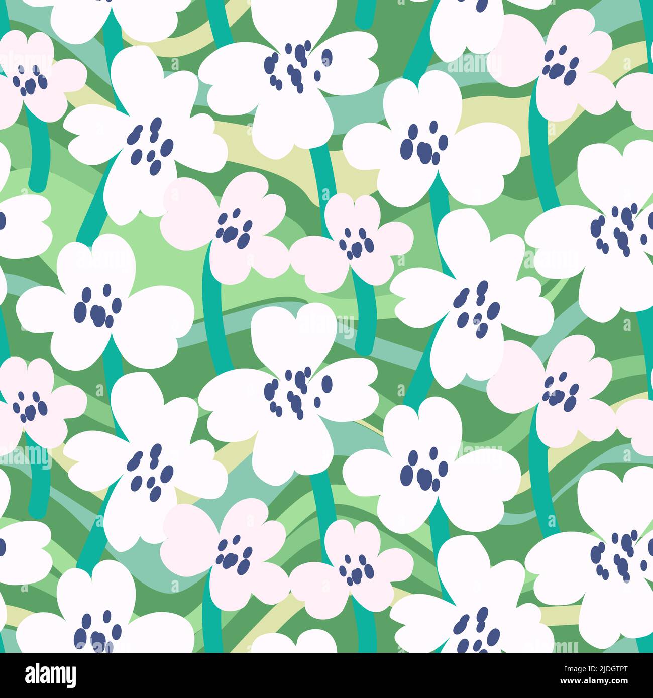 Bold white flowers on green spring seamless pattern. Stock Vector