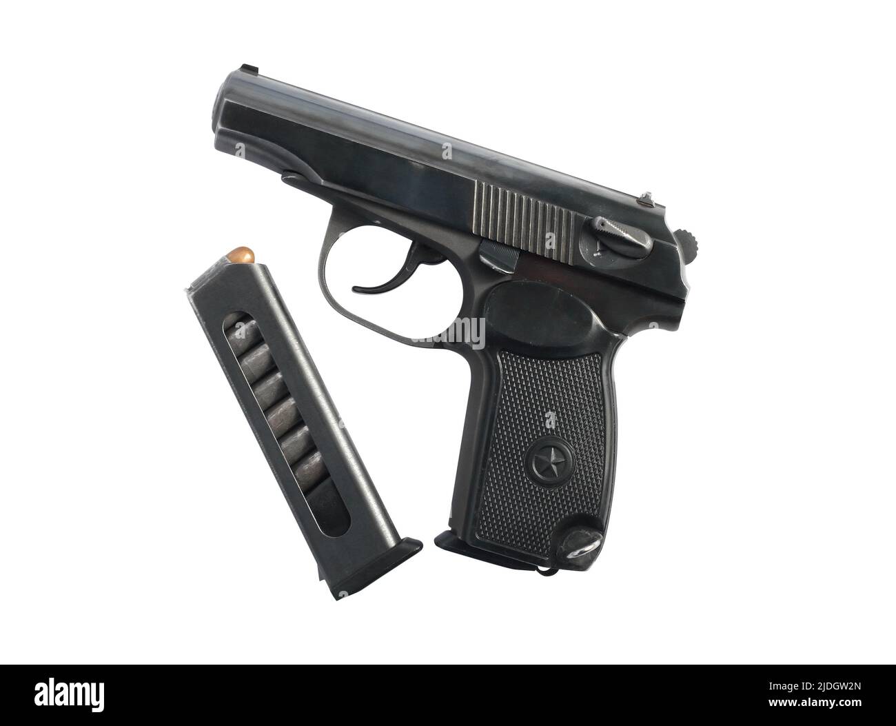 Eight-capacity magazine near handgun isolated on white background Stock Photo