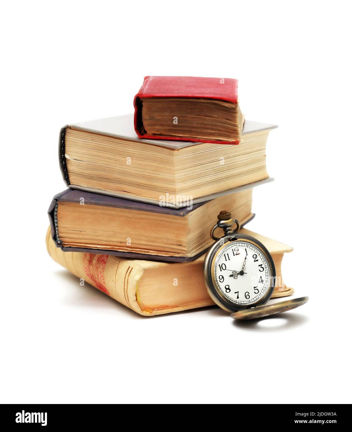 Education concept. Stack of books near pocket watch on white background Stock Photo