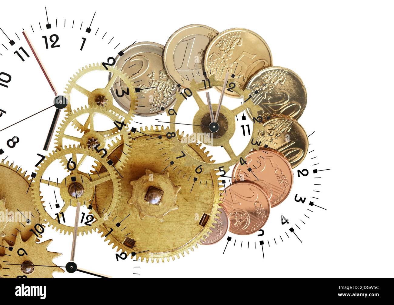Business work concept. Set of gears with coins and clock faces on white background Stock Photo