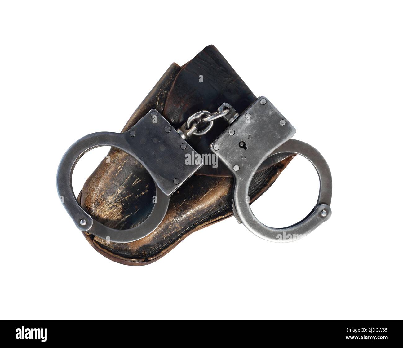 Old metal handcuffs leather case for them isolated on white background with clipping path Stock Photo