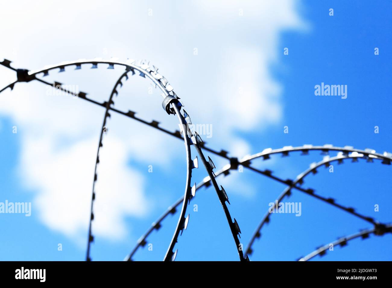 Prison symbol. Closeup of razor wire against blue sky Stock Photo